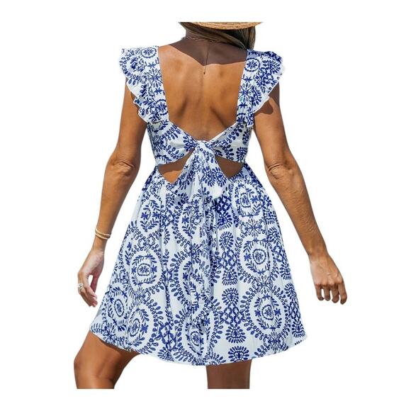 Cupshe Blue & White Ornate Flutter Sleeve V-Neck Mini Dress Size L - Picture 2 of 9